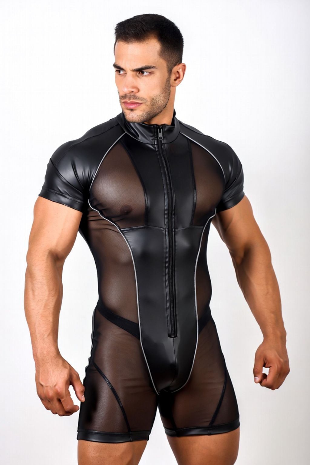 Men’s Black PU Leather Mesh Panel Short Sleeve Bodysuit Front Zip Slim Party Stagewear