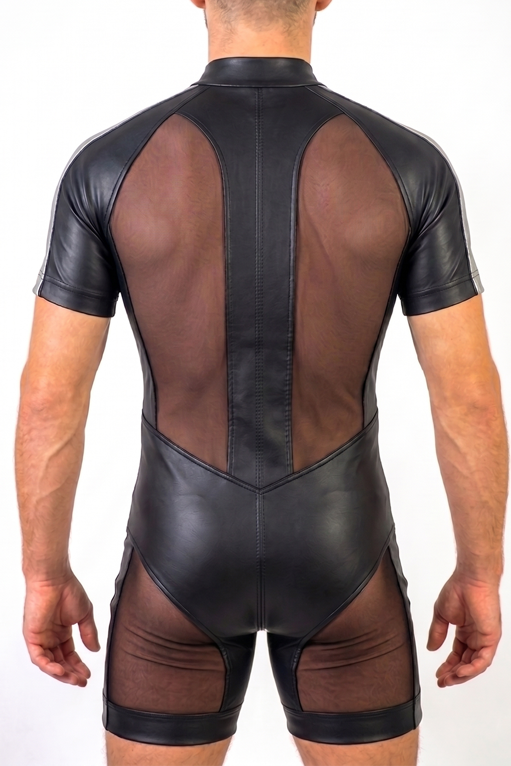 Men’s Black PU Leather Mesh Panel Short Sleeve High-Cut Bodysuit Front Zip Slim Stagewear