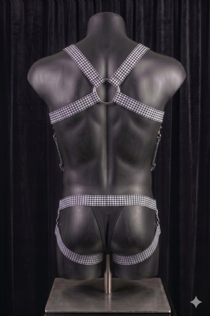 Joylgbt Men's Houndstooth Metal-Ring Elastic Harness Underwear Set