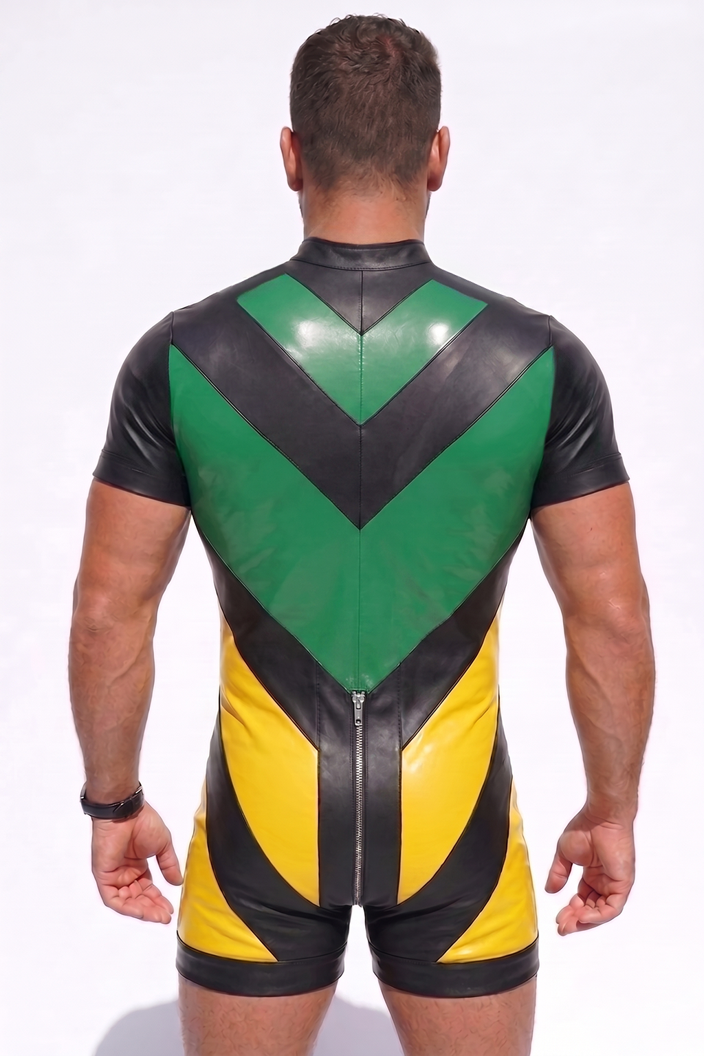 Men’s Green Black Yellow PU Leather Short Sleeve Romper Front Zip Slim Party Stagewear
