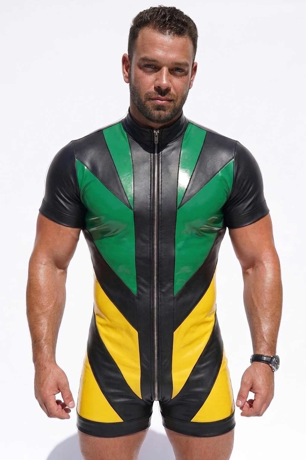 Men’s Green Black Yellow PU Leather Short Sleeve Romper Front Zip Slim Party Stagewear