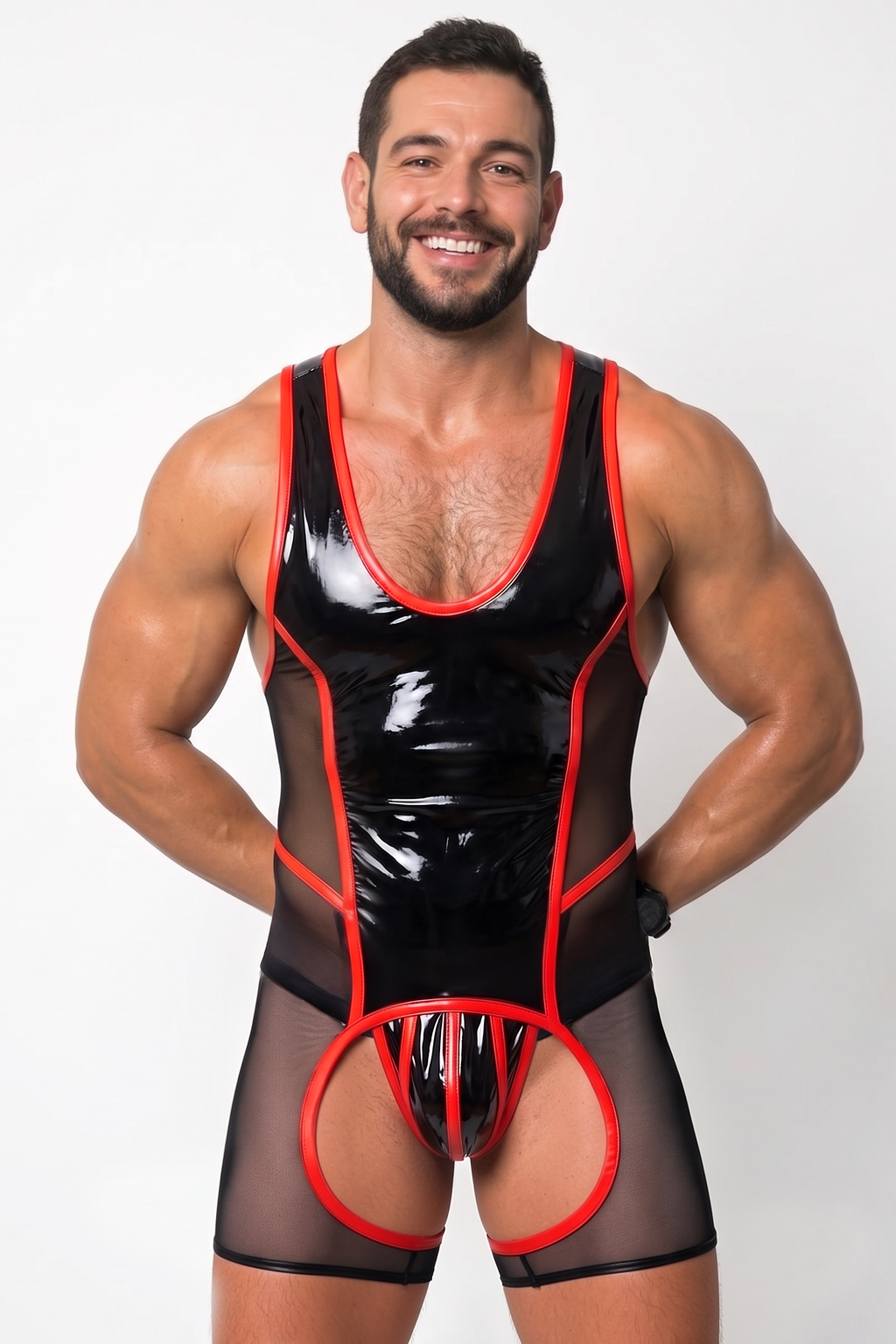 Men’s Black Red Glossy PU Mesh Panel Slim Bodysuit Sexy Party Stage Outfit