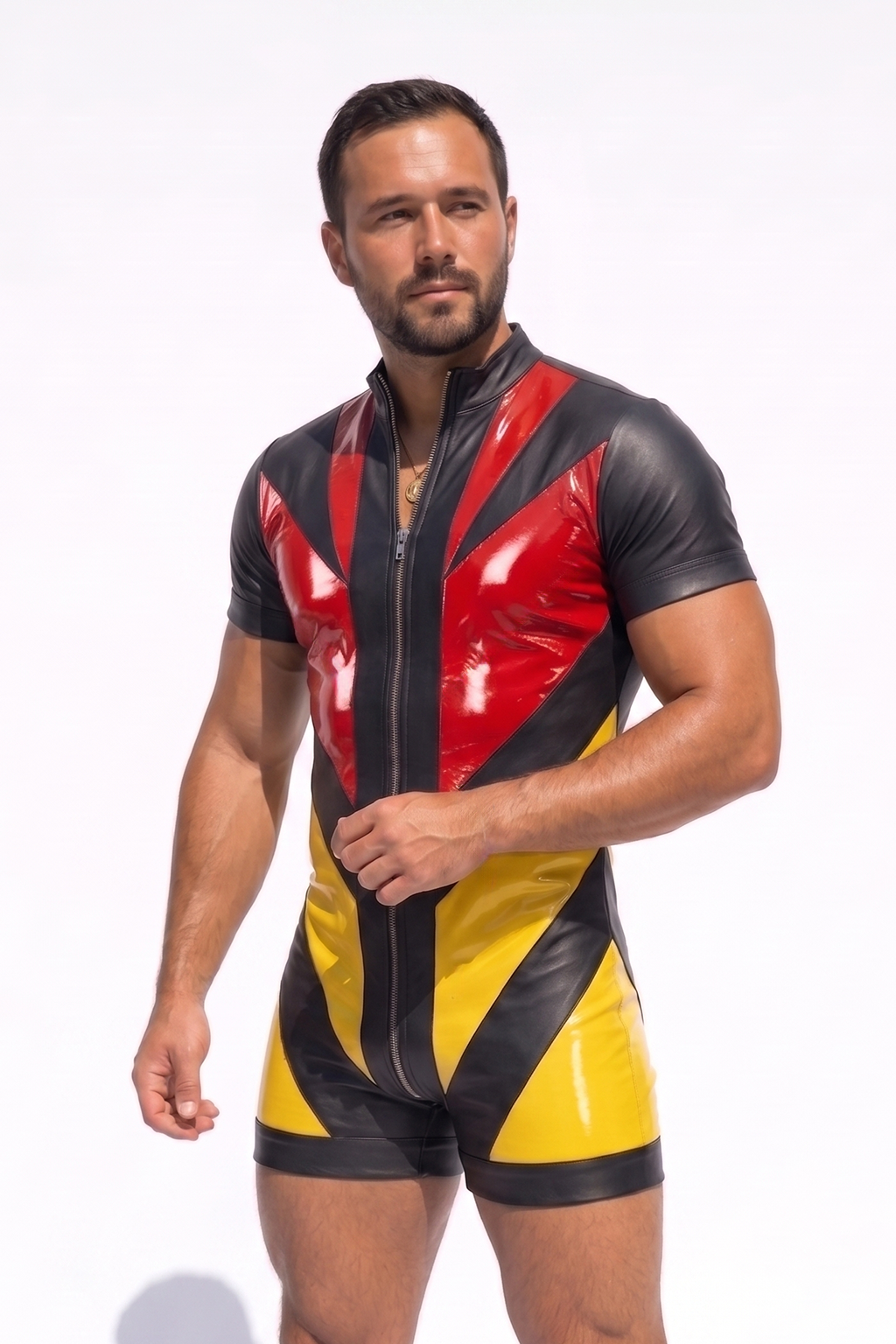 Men’s Green Black Yellow PU Leather Short Sleeve Romper Front Zip Slim Party Stagewear