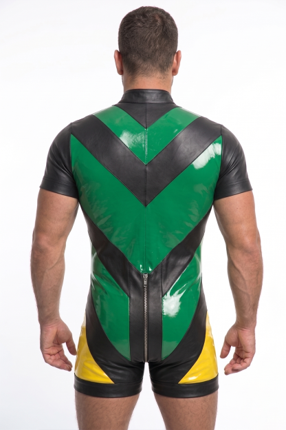 Men’s Green Black Yellow PU Leather Short Sleeve Romper Front Zip Slim Party Stagewear