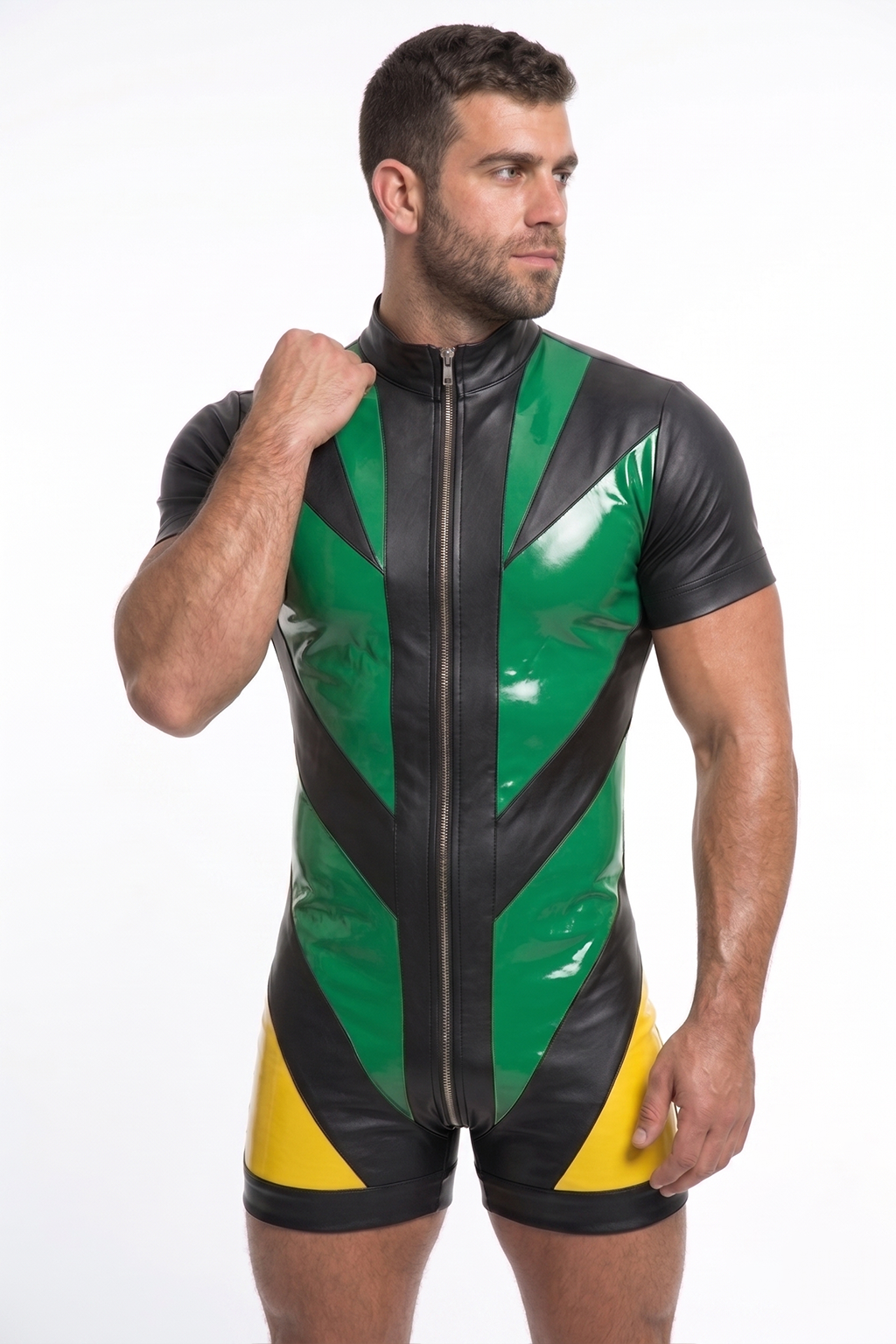 Men’s Green Black Yellow PU Leather Short Sleeve Romper Front Zip Slim Party Stagewear