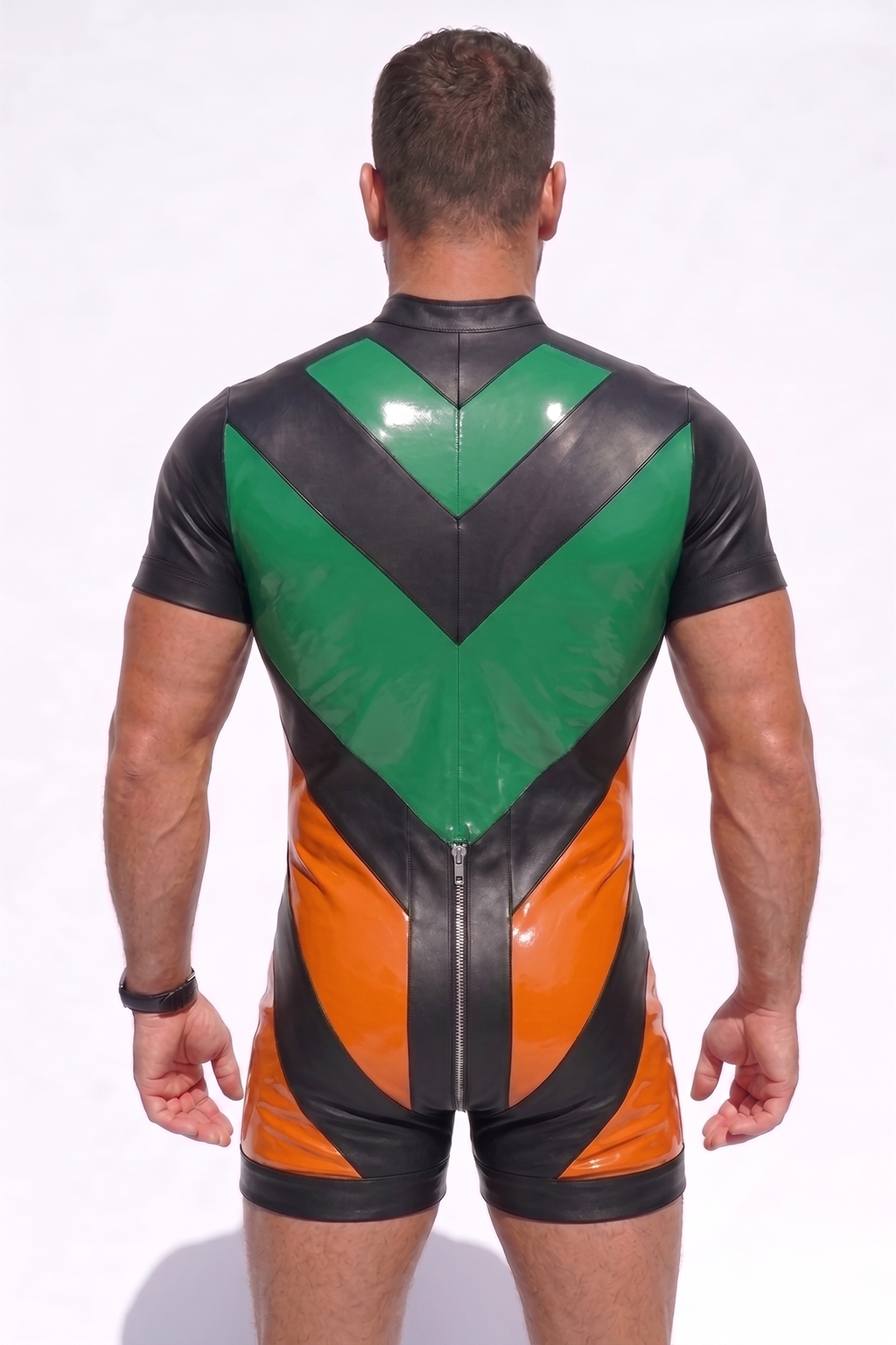 Men’s Green Black Yellow PU Leather Short Sleeve Romper Front Zip Slim Party Stagewear