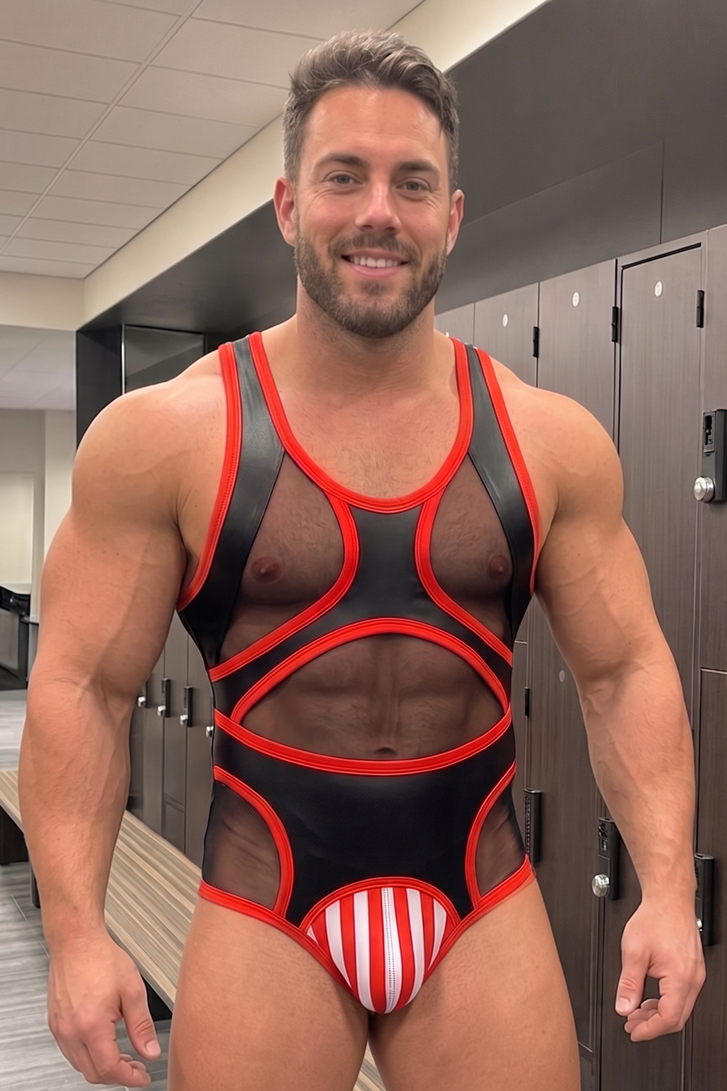 Men’s Black Red PU Faux Leather Mesh Panel Fitted Bodysuit Graphic Party Stagewear