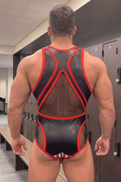 Men’s Black Red PU Faux Leather Mesh Panel Fitted Bodysuit Graphic Party Stagewear