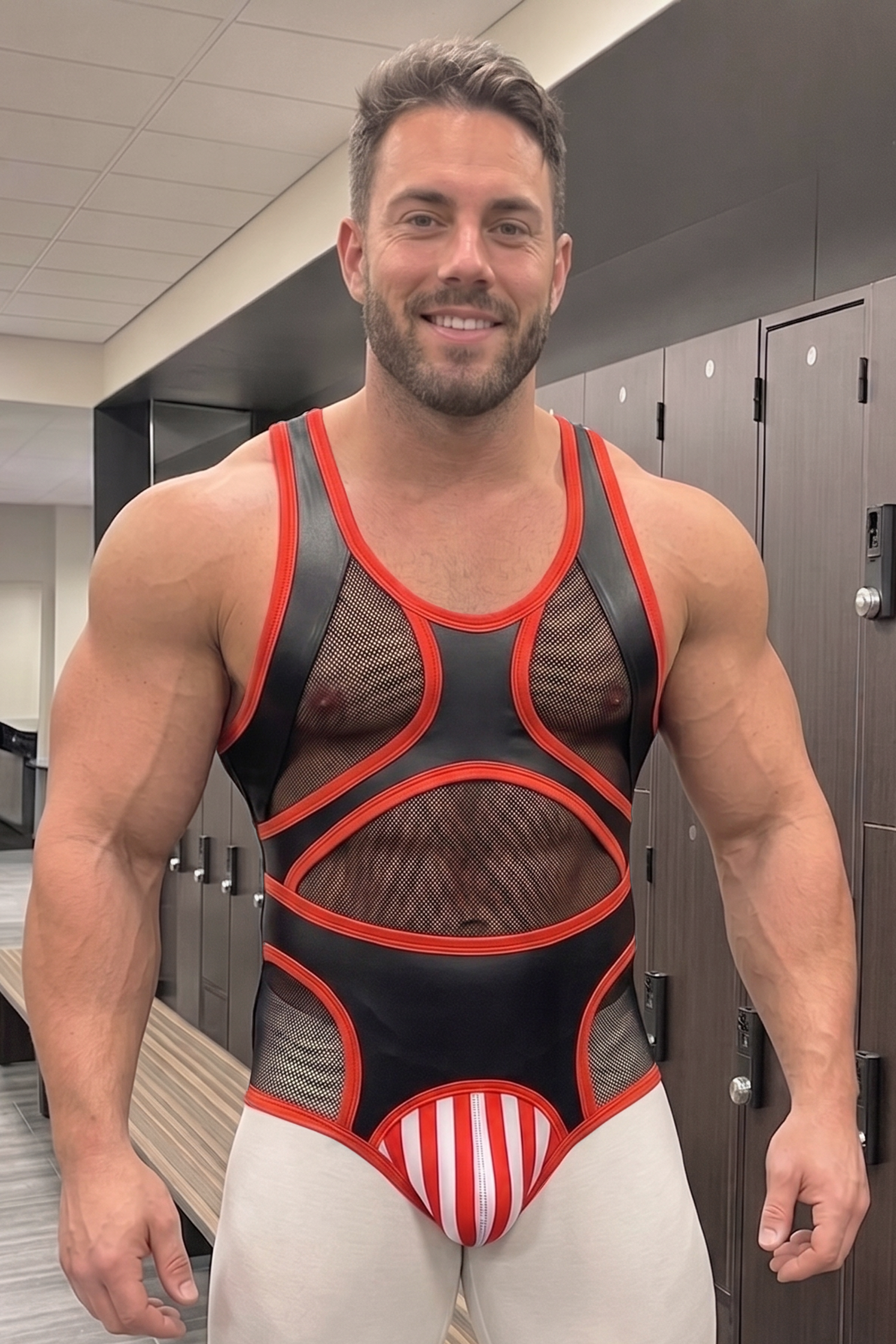 Men’s Black Red PU Faux Leather Mesh Panel Fitted Bodysuit Graphic Party Stagewear