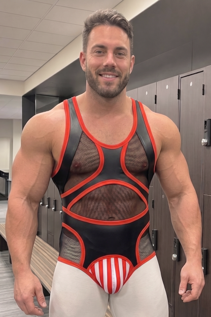 Men’s Black Red PU Faux Leather Mesh Panel Fitted Bodysuit Graphic Party Stagewear