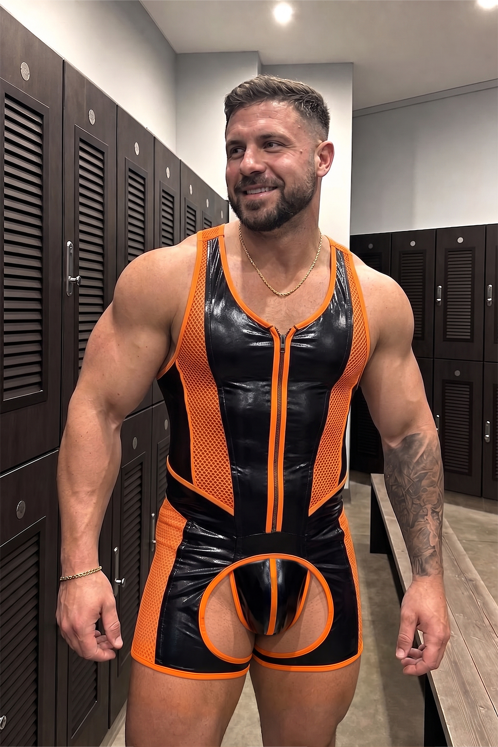 Men’s Black Orange PU Leather Mesh Sleeveless Romper Front Zip Sporty Party Stagewear