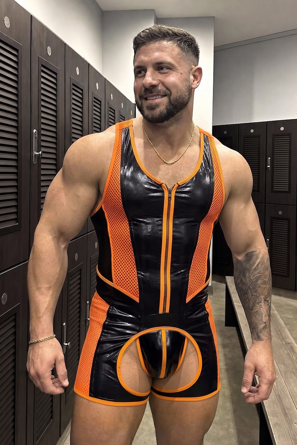 Men’s Black Orange PU Leather Mesh Sleeveless Romper Front Zip Sporty Party Stagewear