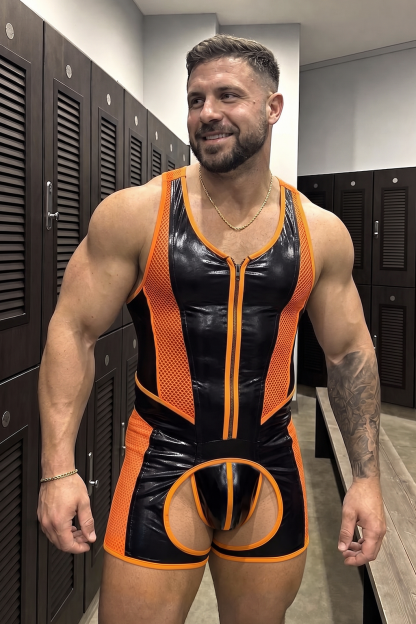 Men’s Black Orange PU Leather Mesh Sleeveless Romper Front Zip Sporty Party Stagewear