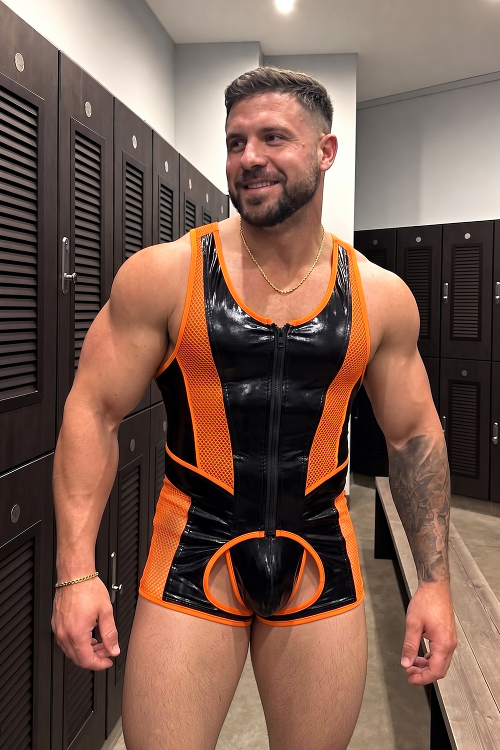 Men’s Black Orange PU Leather Mesh Sleeveless Romper Front Zip Sporty Party Stagewear