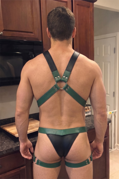 Men’s Green PU Leather Harness Leg Strap Brief Set 