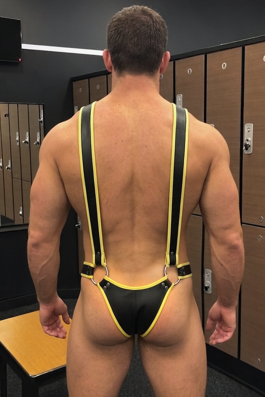 Men’s Black Yellow PU Leather Suspender Harness & Low-Rise Brief Set 