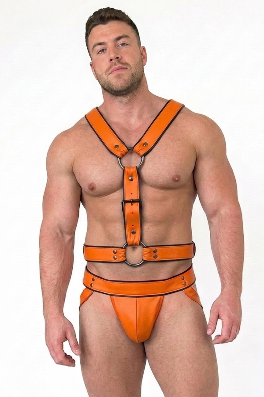 Men’s Orange PU Leather Harness & Brief Set Metal Ring Rivet Low-Rise Party Stagewear