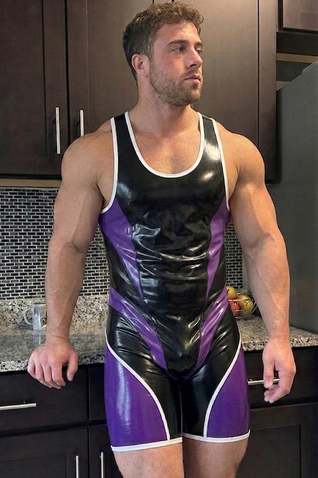 Men’s Black & Purple Geometric Glossy Color-Block Bodysuit
