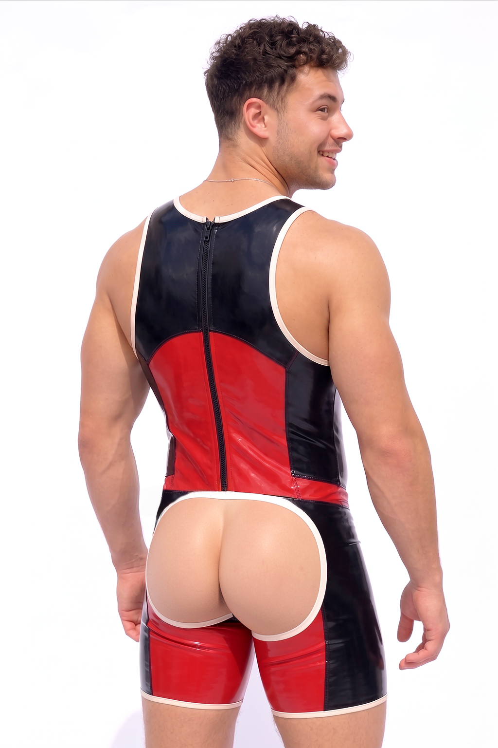 Men’s Black & Red Glossy Color-Block Singlet Bodysuit