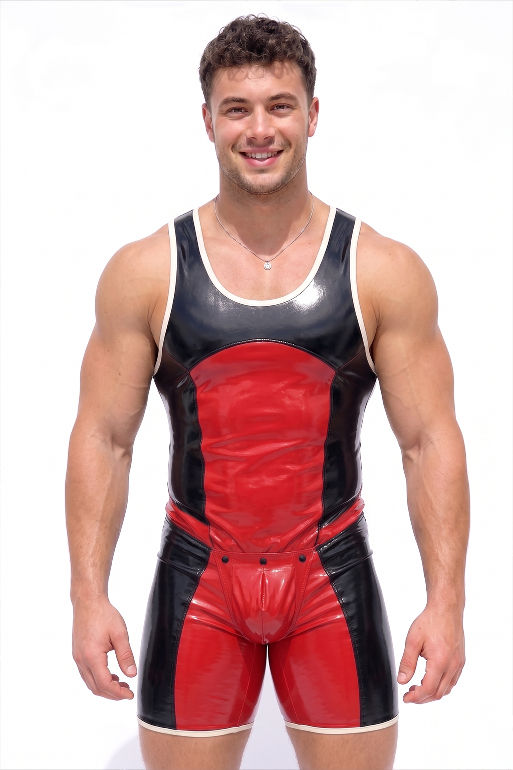 Men’s Black & Red Glossy Color-Block Singlet Bodysuit