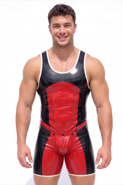 Men’s Black & Red Glossy Color-Block Singlet Bodysuit