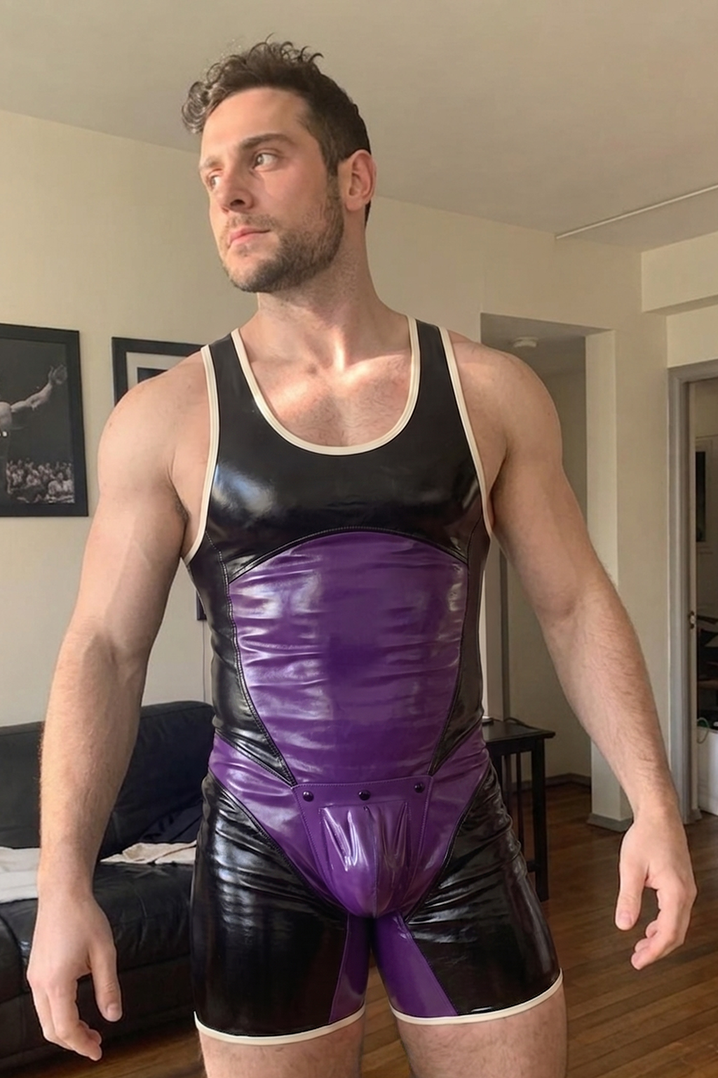 Men’s Black & Purple Glossy Color-Block Singlet Bodysuit