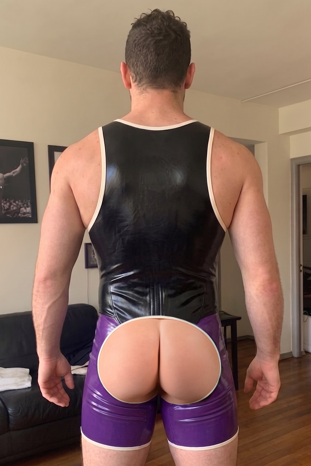 Men’s Black & Purple Glossy Color-Block Singlet Bodysuit