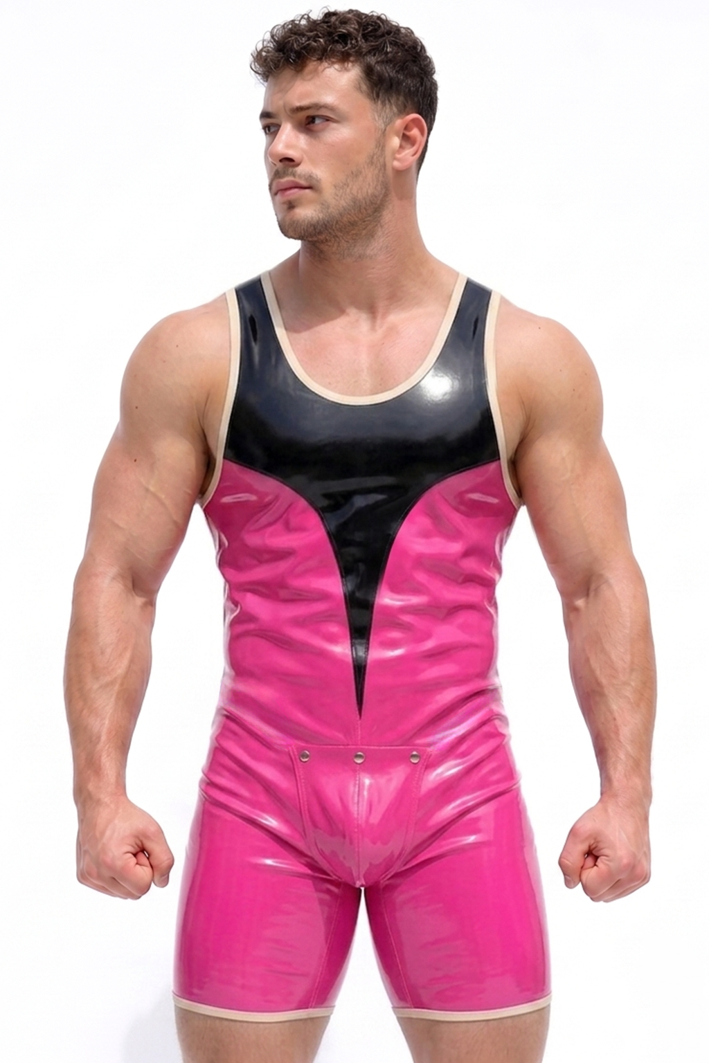 Men’s Black & Pink Glossy Color-Block Singlet Bodysuit