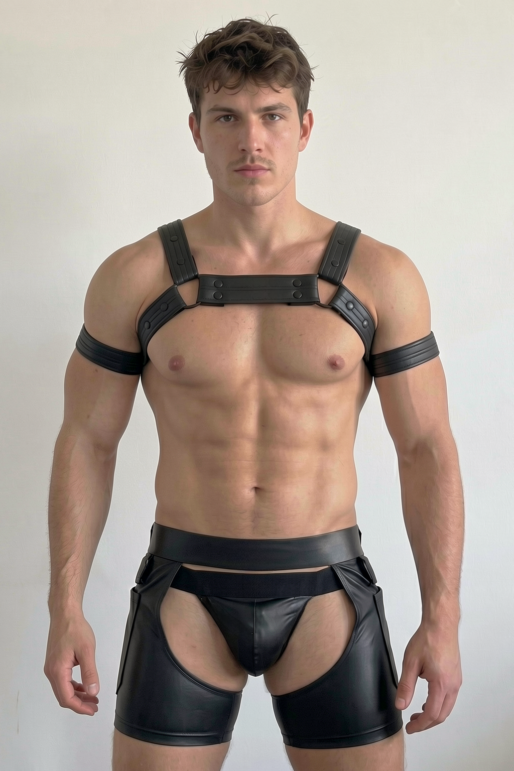 Joylgbt Men's Black Faux Leather Structured Harness Shorts Set
