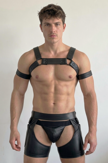 Joylgbt Men's Black Faux Leather Structured Harness Shorts Set