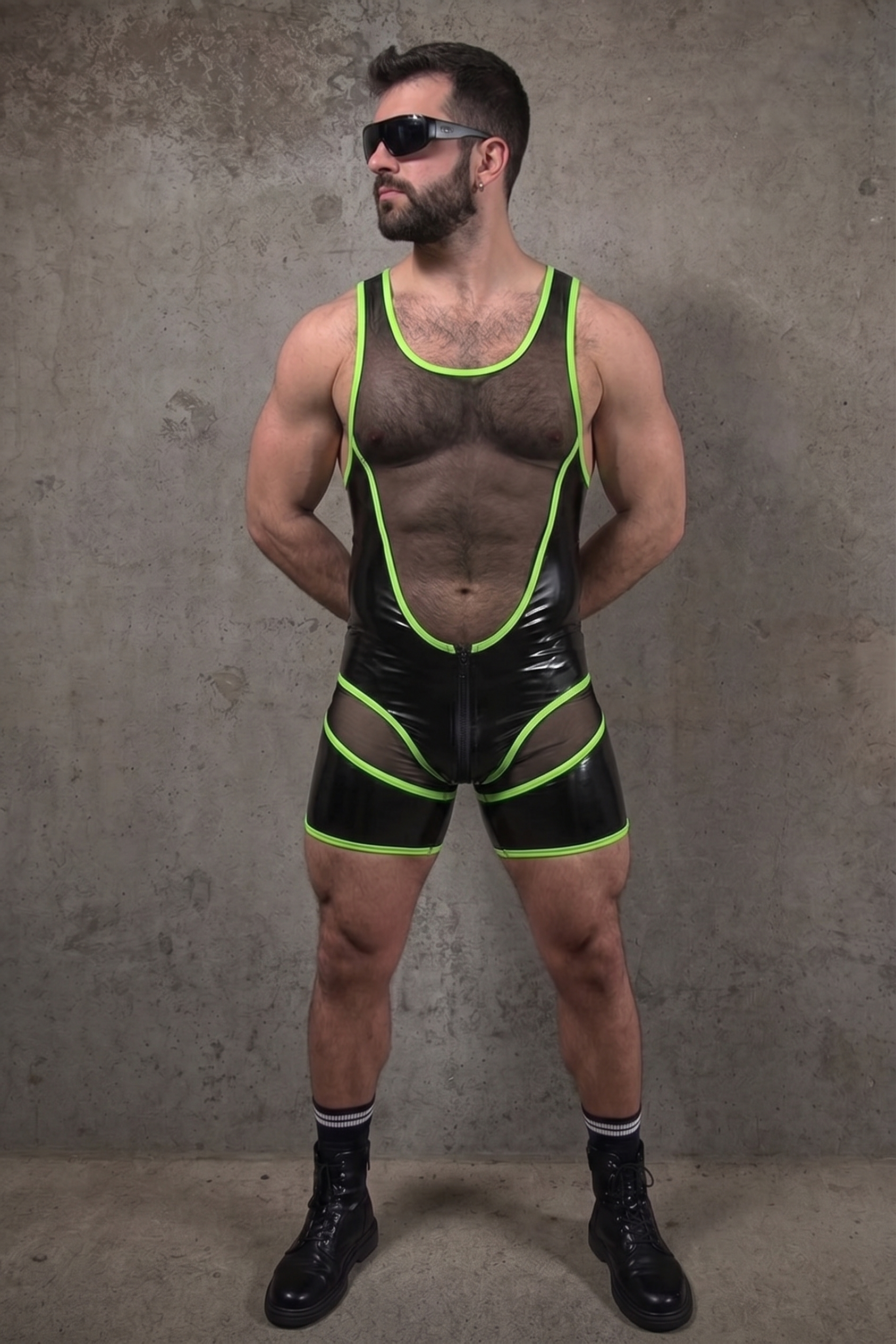 Joylgbt Men’s "Circuit-Mesh" Dual-Zip Bodysuit – High-Shine Black & Neon Yellow