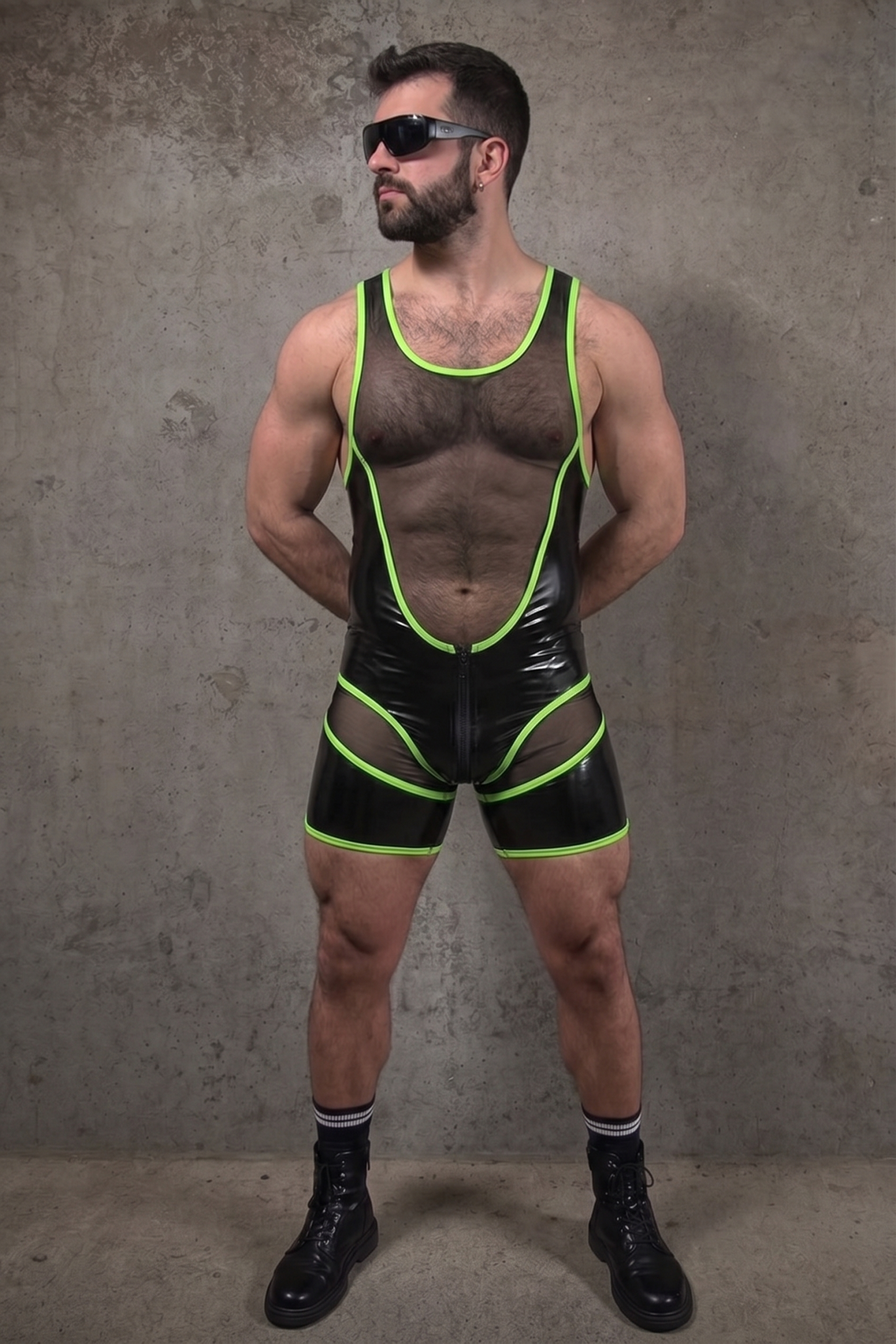 Joylgbt Men’s "Circuit-Mesh" Dual-Zip Bodysuit – High-Shine Black & Neon Yellow