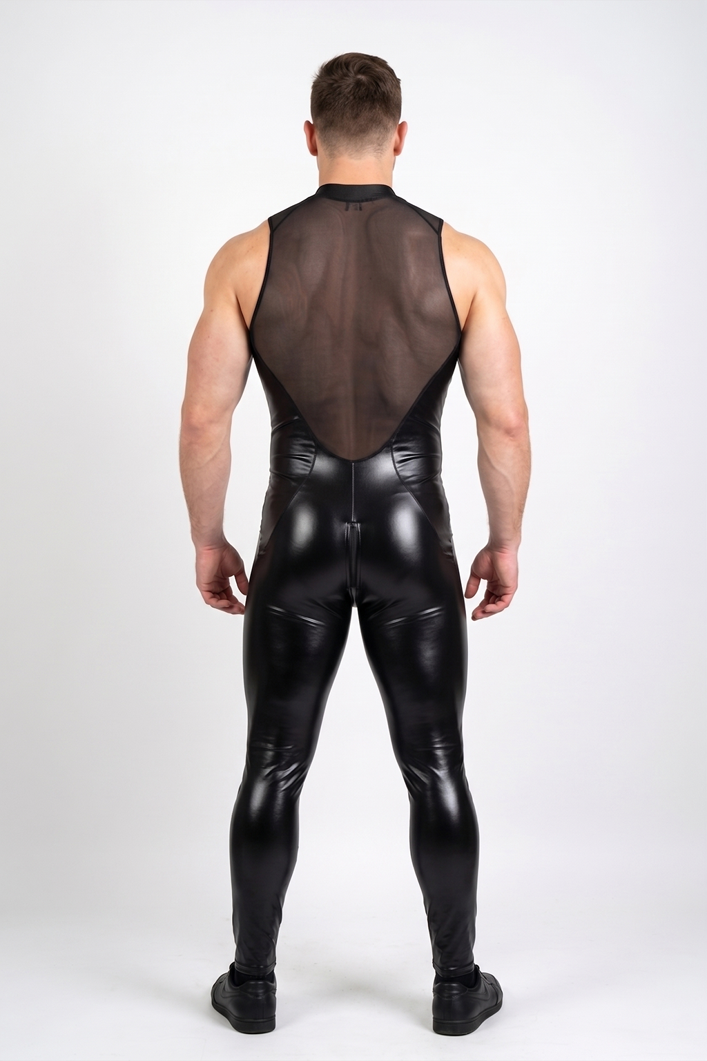 Joylgbt Sheer Mesh & Leather Look Men's Bodysuit – Sleeveless Zip-Up Jumpsuit for Clubwear & Roleplay