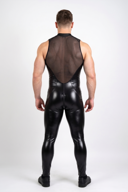 Joylgbt Sheer Mesh & Leather Look Men's Bodysuit – Sleeveless Zip-Up Jumpsuit for Clubwear & Roleplay
