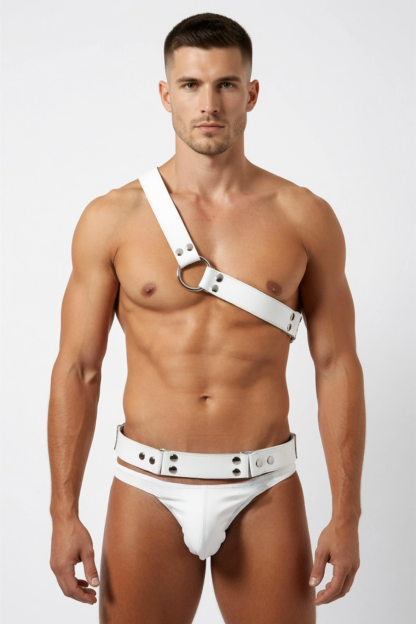 Joylgbt Men’s One-Shoulder Faux Leather Harness Brief Set