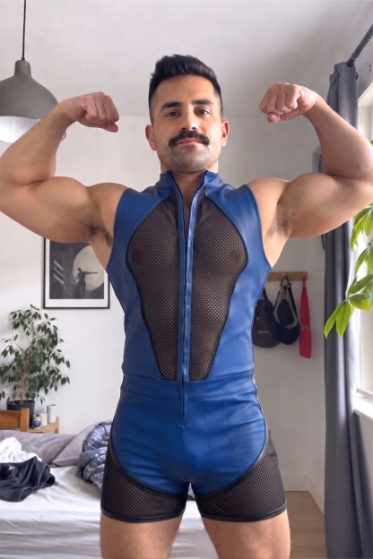 Joylgbt Men’s Blue Black Mesh Bodysuit Shorts