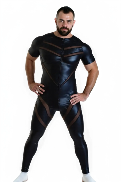 Men's Black Bodysuit with Mesh Accents