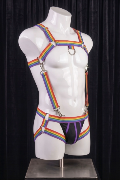 Joylgbt Men's Rainbow Stripe Metal-Ring Elastic Harness Set