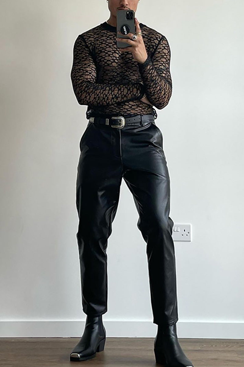 Men's Daily Black Mesh See-Through Shirt