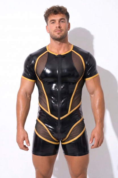 Men’s Black & Gold Glossy Mesh Panel Short-Sleeve Bodysuit