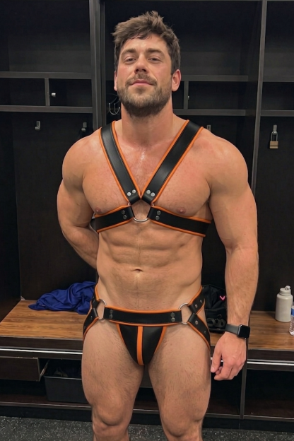 Men’s Black & Orange Faux Leather Harness Side-Ring Brief Set