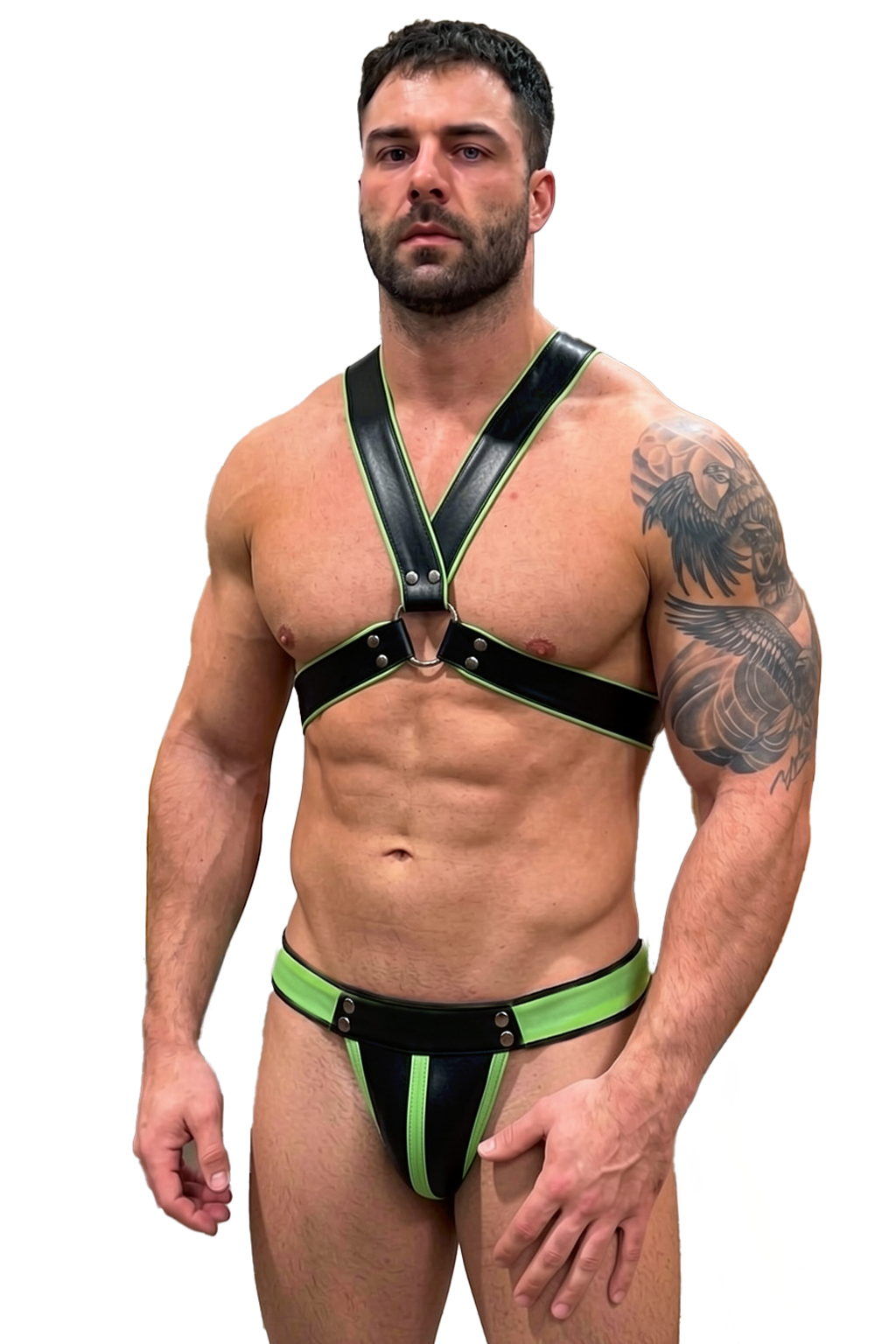 Men’s Black & Neon Green PU Leather V-Harness Brief Set
