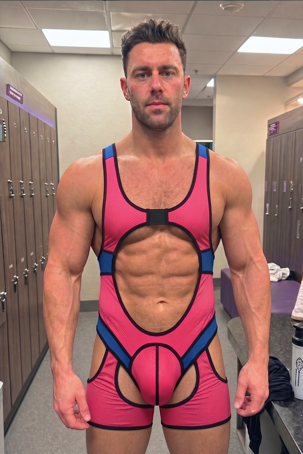 Men’s Pink & Blue Mesh Cutout Sculpting Bodysuit