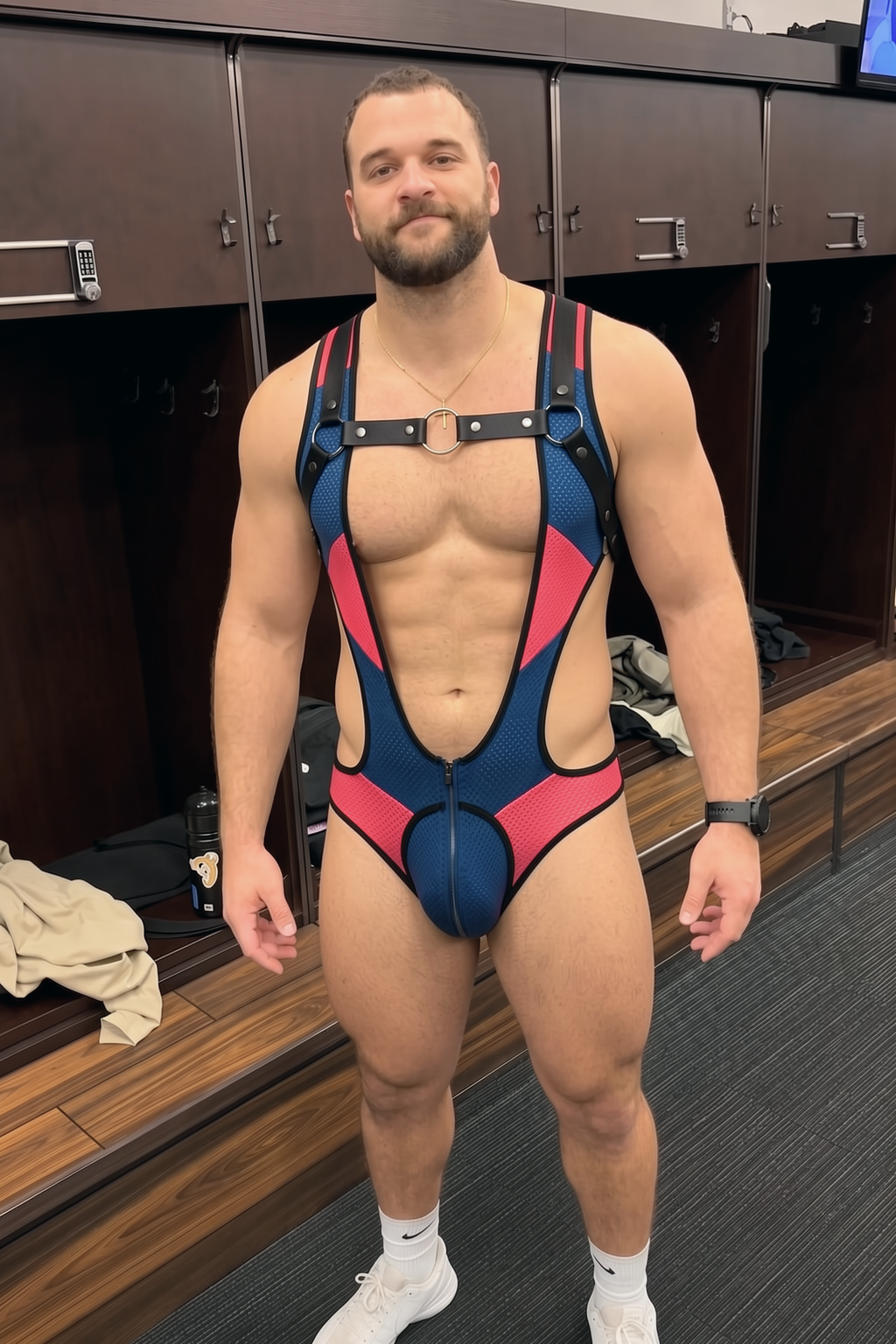 Men’s Blue & Pink Mesh Zip-Front Cutout Bodysuit