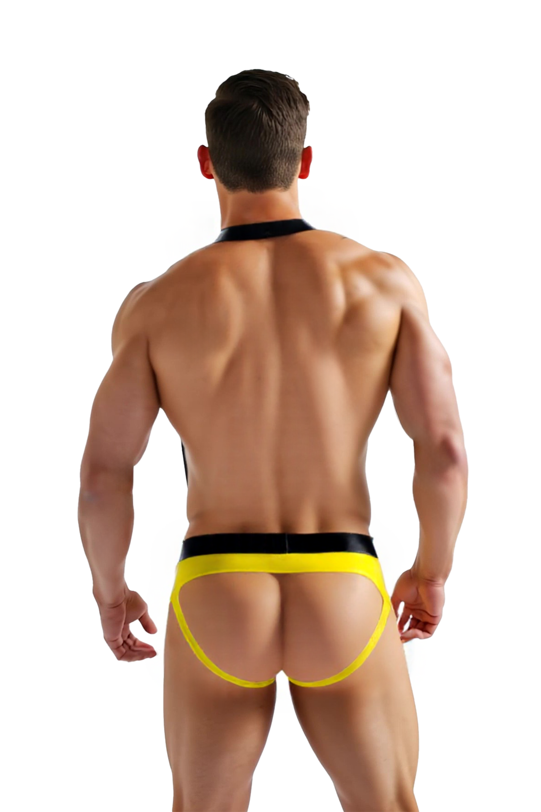  JoylgbtWet Look PU Leather Yellow Y-Back Harness Brief - Men's Alluring Lace-Up Underwear