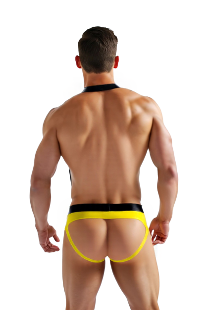 JoylgbtWet Look PU Leather Yellow Y-Back Harness Brief - Men's Alluring Lace-Up Underwear