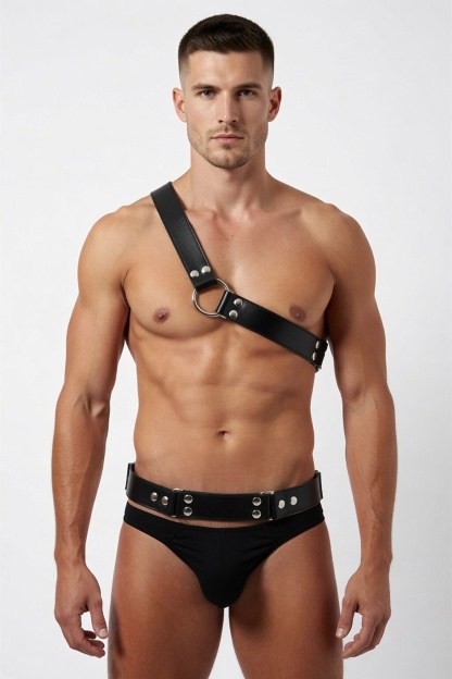 Joylgbt Men’s One-Shoulder Faux Leather Harness Brief Set