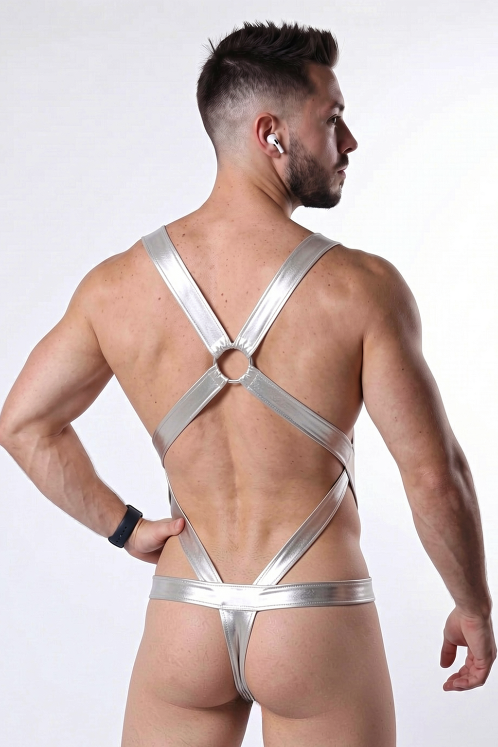 Joylgbt Silver Metallic Cutout Harness Bodysuit