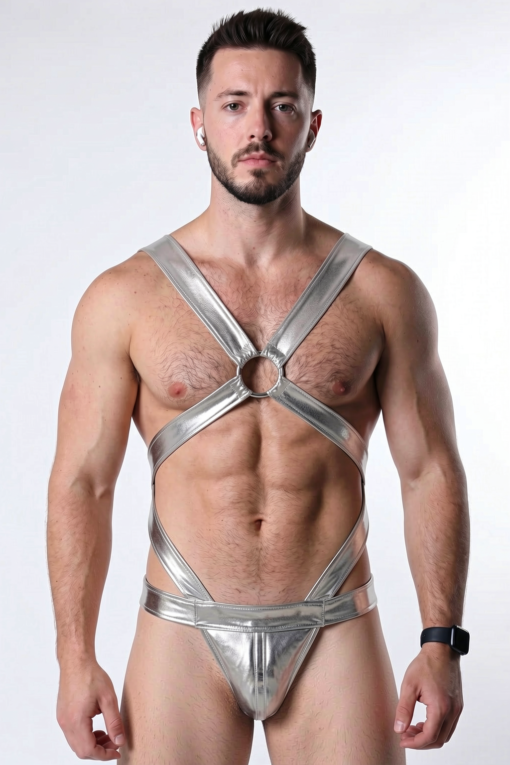 Joylgbt Silver Metallic Cutout Harness Bodysuit