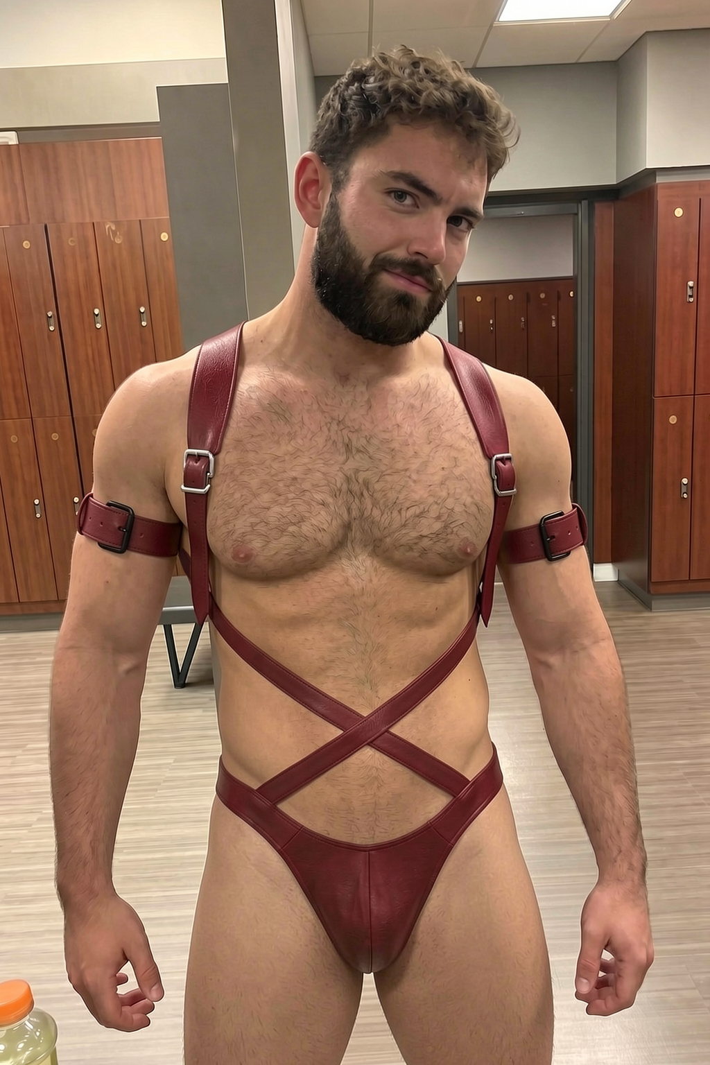 Joylgbt Burgundy Cross-Strap Faux Leather Harness Bodysuit